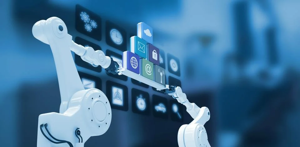 Composite image of metallic robotic hands holding computer icons against blue Stock Photos