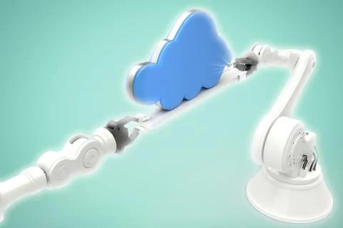 Composite image of metallic robotic hands holding cloud against white background Stock Photos