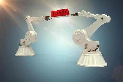 Composite image of metallic robotic hands holding red data message against white Foto stock