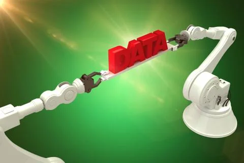 Composite image of metallic robotic hands holding red data text over green Stock Photos