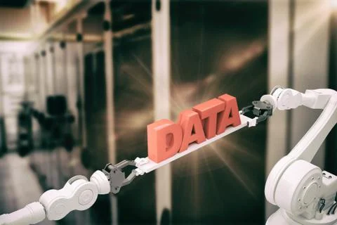Composite image of metallic robotic hands holding red data text Stock Photos