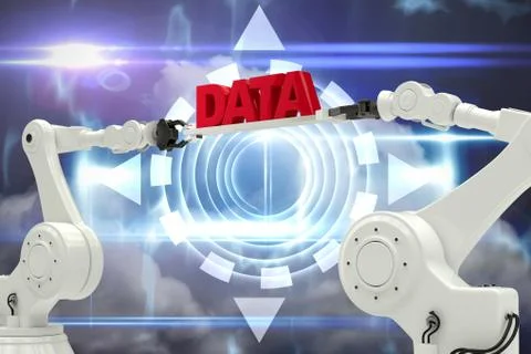 Composite image of metallic robotic hands holding red data message Stock Photos