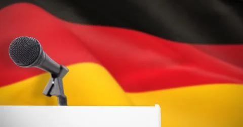 Composite image of microphone on podium Stock Photos