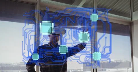 Composite image of microprocessor connections against african american man 写真素材