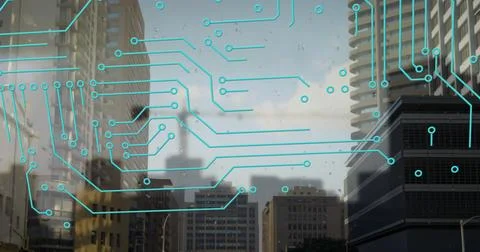 Composite image of microprocessor connections against tall buildings in 写真素材