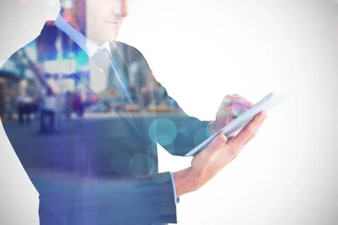 Composite image of mid section of a businessman using digital tablet Stock Illustration