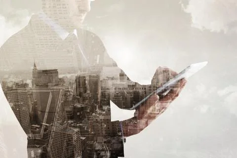 Composite image of mid section of a businessman using digital tablet Stock Illustration