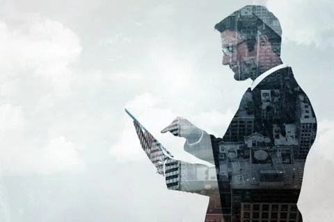 Composite image of mid section of a businessman touching tablet Stock Illustration