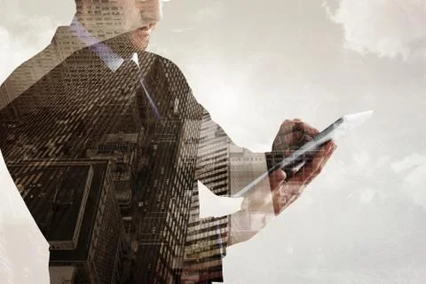 Composite image of mid section of a businessman using digital tablet イラスト素材