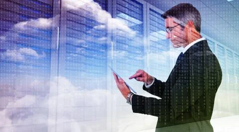 Composite image of mid section of a businessman touching tablet イラスト素材