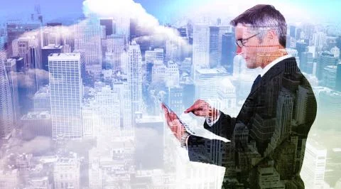 Composite image of mid section of a businessman touching tablet Illustrazione stock