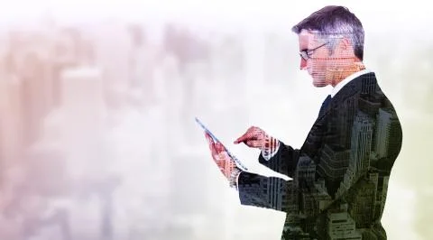 Composite image of mid section of a businessman touching tablet Stock Illustration