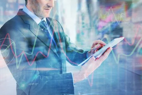 Composite image of mid section of a businessman using digital tablet Stock Illustration