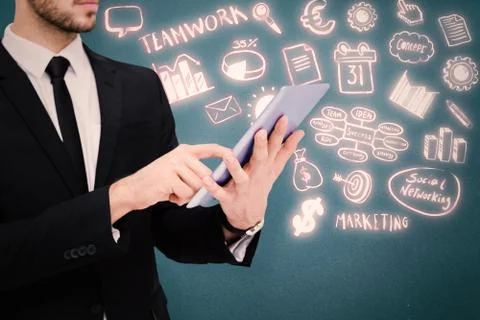 Composite image of mid section of a businessman using digital tablet pc Stock Illustration