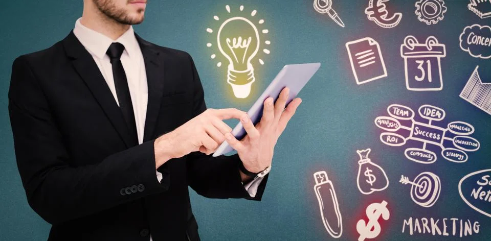 Composite image of mid section of a businessman using digital tablet pc Illustrazione stock