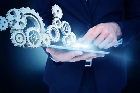 Composite image of mid section of a businessman touching digital tablet イラスト素材