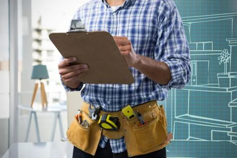 Composite image of mid-section of construction worker Stockfoto's
