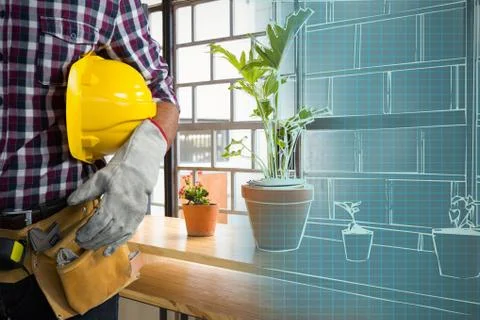 Composite image of mid-section of construction worker Foto stock