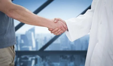 Composite image of mid section of a doctor and patient shaking hands 스톡 일러스트