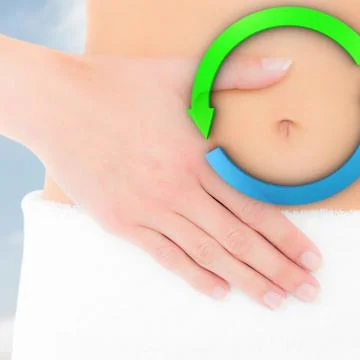 Composite image of mid section of a fit woman with hand on stomach Stock Illustration