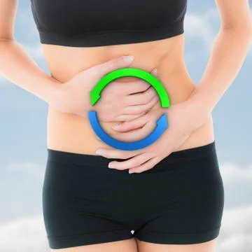 Composite image of mid section of a fit young woman with stomach pain 스톡 일러스트