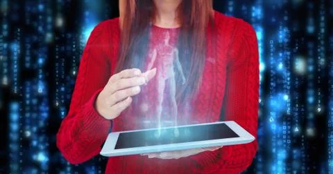 Composite image of mid section of a hipster woman using her tablet Stock Photos