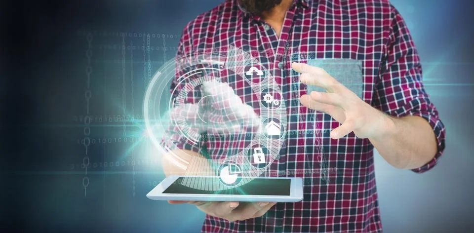 Composite image of mid section of man gesturing while holding digital tablet Stockfoto's