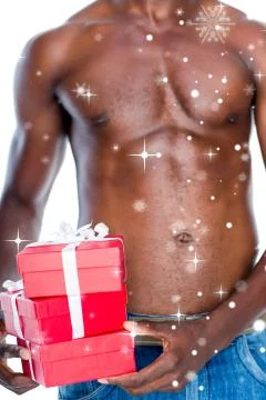 Composite image of mid section of shirtless macho man holding gifts Stock Illustration