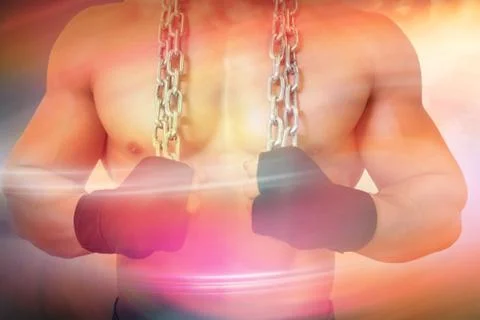 Composite image of mid section of a shirtless muscular man holding chain Illustrazione stock