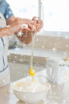 Composite image of mid section of woman cracking an egg in bowl at kitchen Stock Illustration