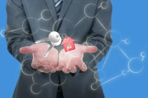 Composite image of midsection of businessman holding invisible object 3D Stock Photos