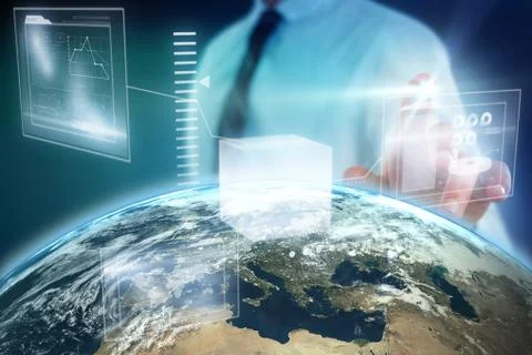 Composite image of midsection of businessman using futuristic digital screen Foto stock