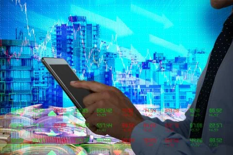 Composite image of midsection of businessman using tablet computer 스톡 사진