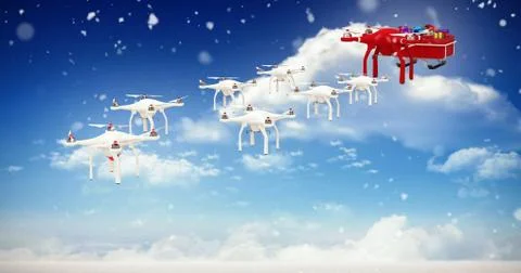 Composite image of mini drones pulling chirstmas sledge with gift イラスト素材