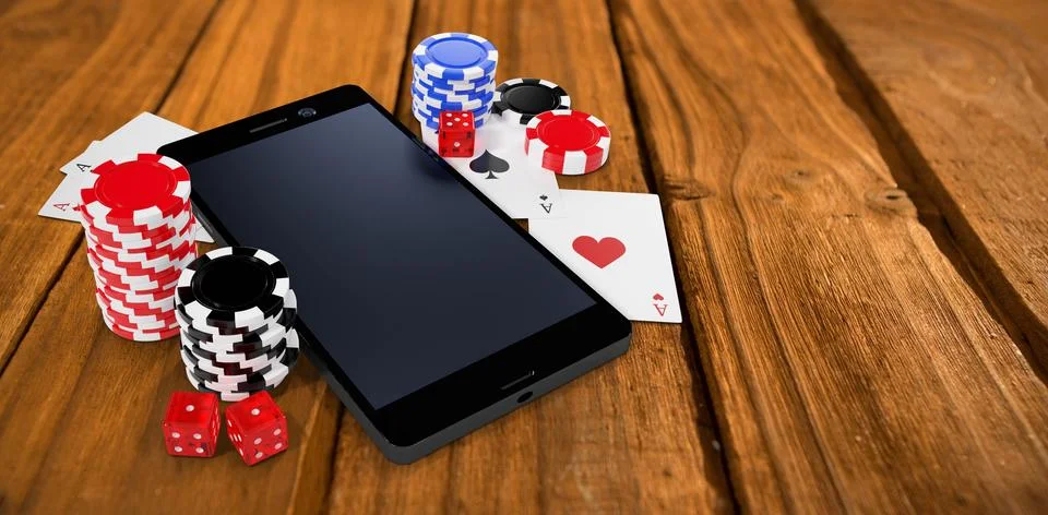 Composite image of mobile phone with playing cards and casino tokens Stock Illustration
