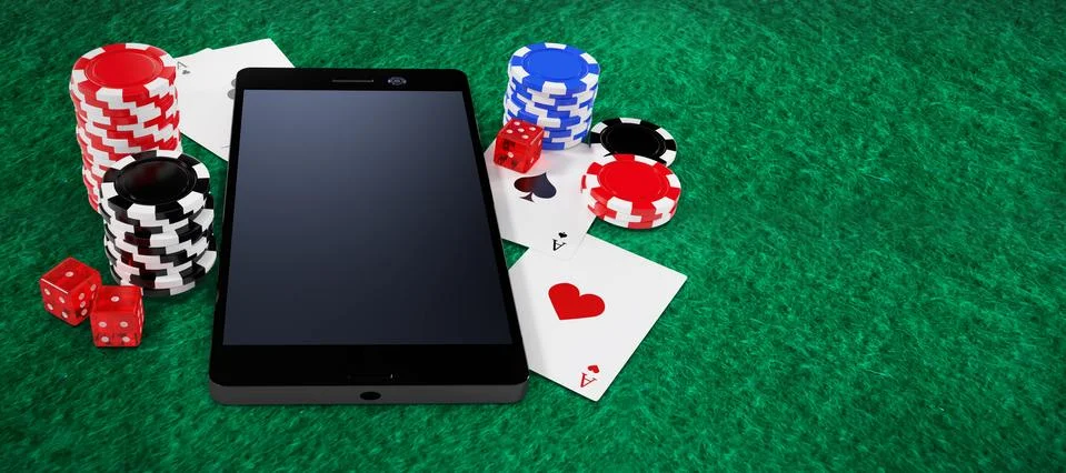 Composite image of mobile phone with stack of casino tokens and playing cards Stock Illustration
