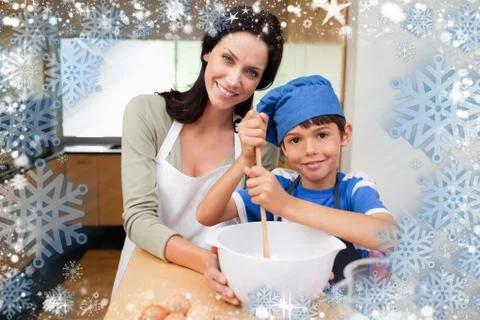 Composite image of mother and son having fun preparing dough Stock-Illustration