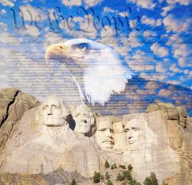 Composite image of Mount Rushmore, bald eagle, U.S. Constitution, and blue sky Stock Photos