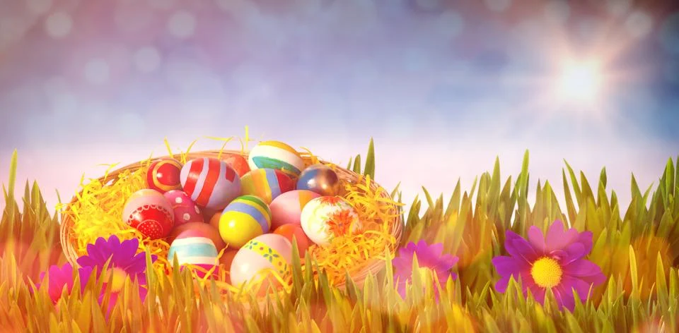 Composite image of multi colored easter eggs in wicker basket 스톡 사진