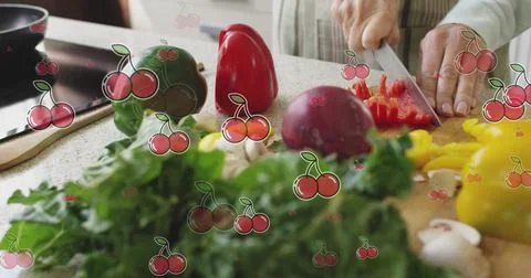 Composite image of multiple cherries icons against mid section of a woman Foto stock