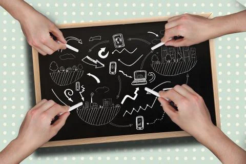 Composite image of multiple hands drawing brainstorm with chalk 스톡 일러스트