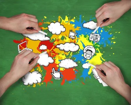 Composite image of multiple hands drawing apps with chalk Stock Photos