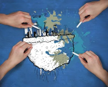 Composite image of multiple hands drawing cityscape with chalk Stock Photos