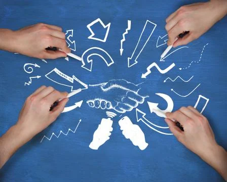 Composite image of multiple hands drawing handshake with chalk Stock Photos