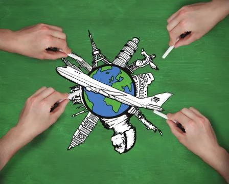 Composite image of multiple hands drawing airplane with chalk Stock Photos