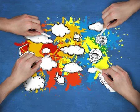 Composite image of multiple hands drawing apps with chalk Stock Photos