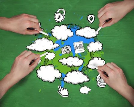 Composite image of multiple hands drawing clouds with chalk Stock Photos