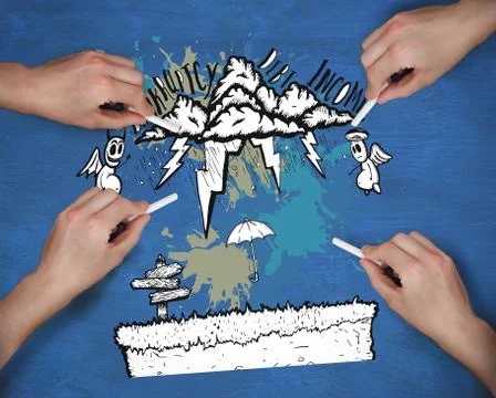 Composite image of multiple hands drawing money doodle with chalk Stock Photos