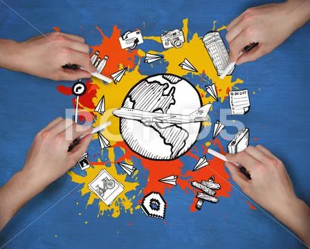 Composite image of multiple hands drawing travel doodle with chalk Stock Photos
