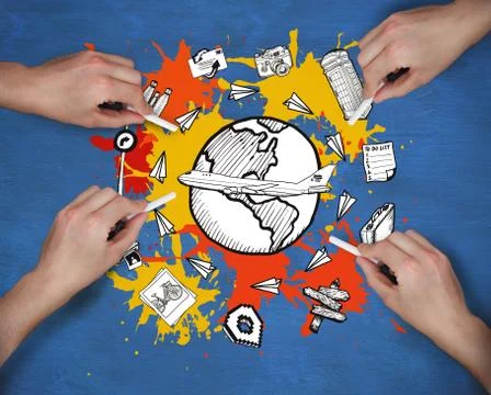 Composite image of multiple hands drawing travel doodle with chalk Stock Photos